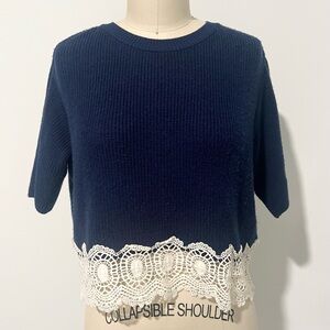 Topshop Navy Blue Lace Hem Short Sleeve Sweater